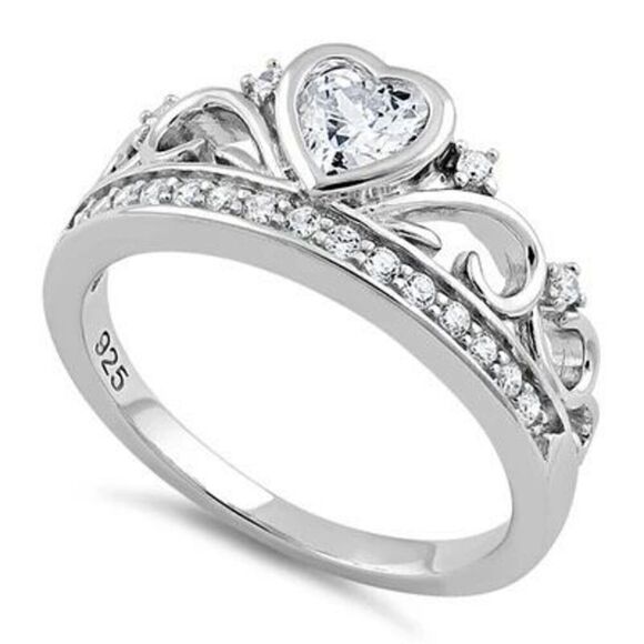 Sterling Silver Heart Crown Clear CZ Ring New